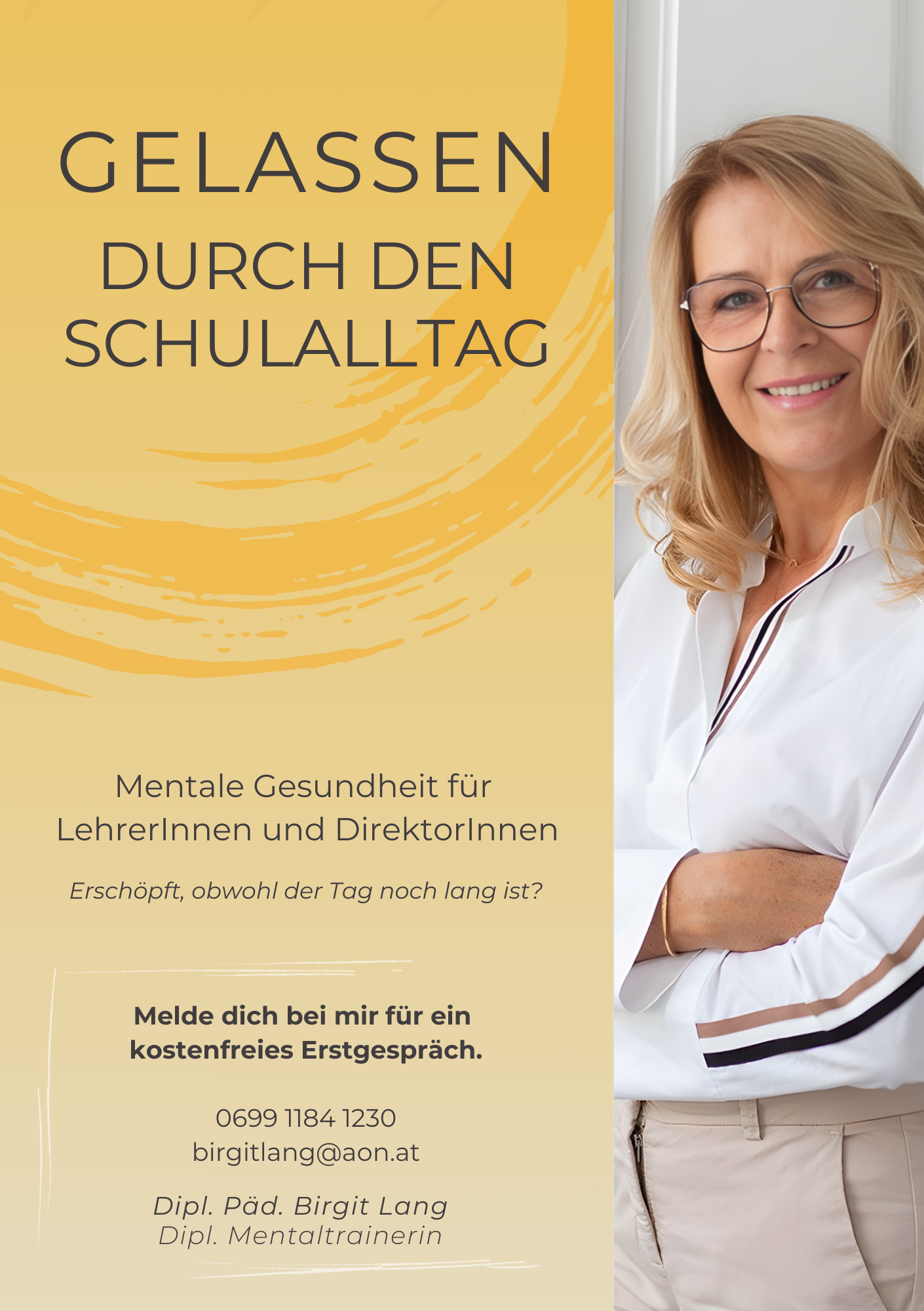 Flyer für Birgit Lang – Mentaltraining für LehrerInnen und DirektorInnen