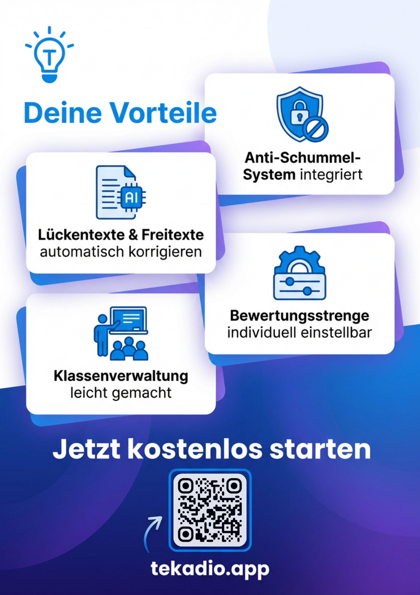 Tekadio Vorteile – Lückentexte korrigieren, Anti-Schummel-System, Klassenverwaltung