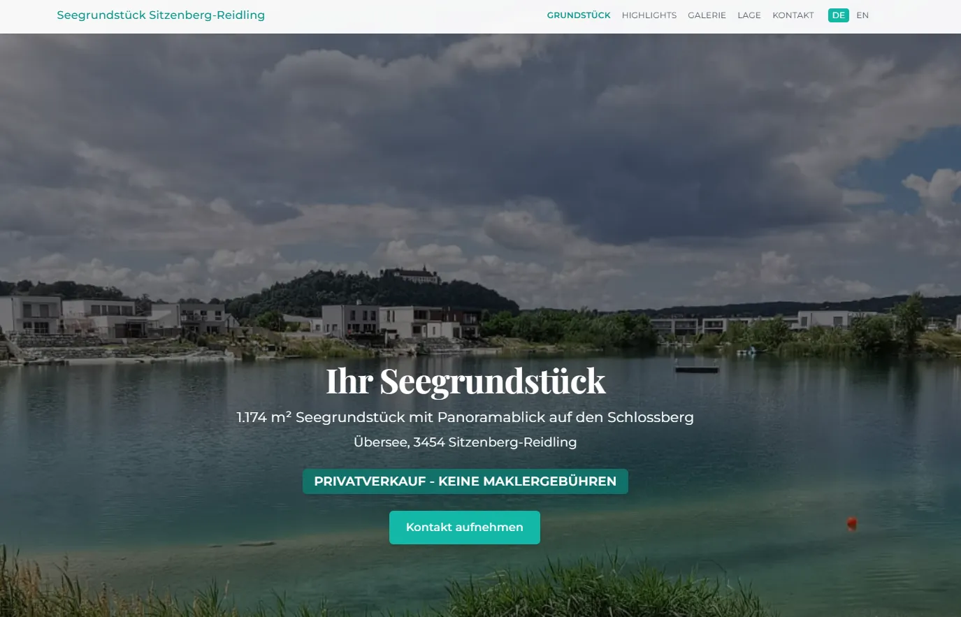 Verkaufs-Landingpage Seegrundstück Sitzenberg-Reidling – bilinguale Immobilienseite von Andreas Binder